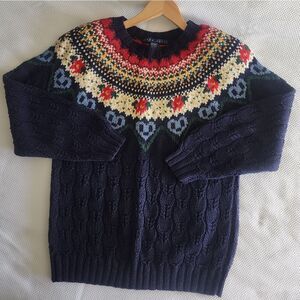 Birch Bros Navy Blue Fair Isle Sweater colored neckline oversized fisherman